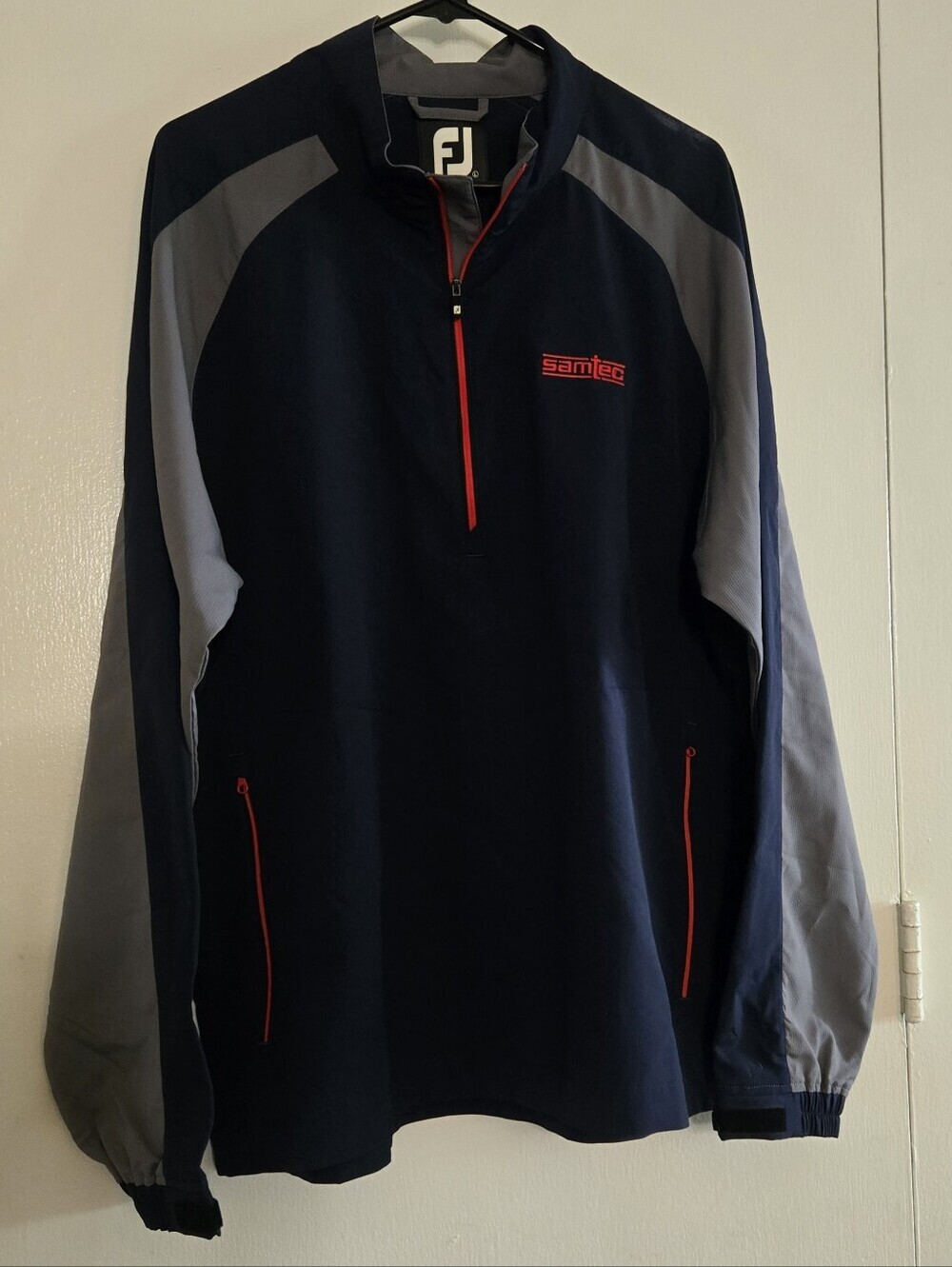 FootJoy Men's Navy and Gray Golf Performance Half-Zip Jacket with Red Accents